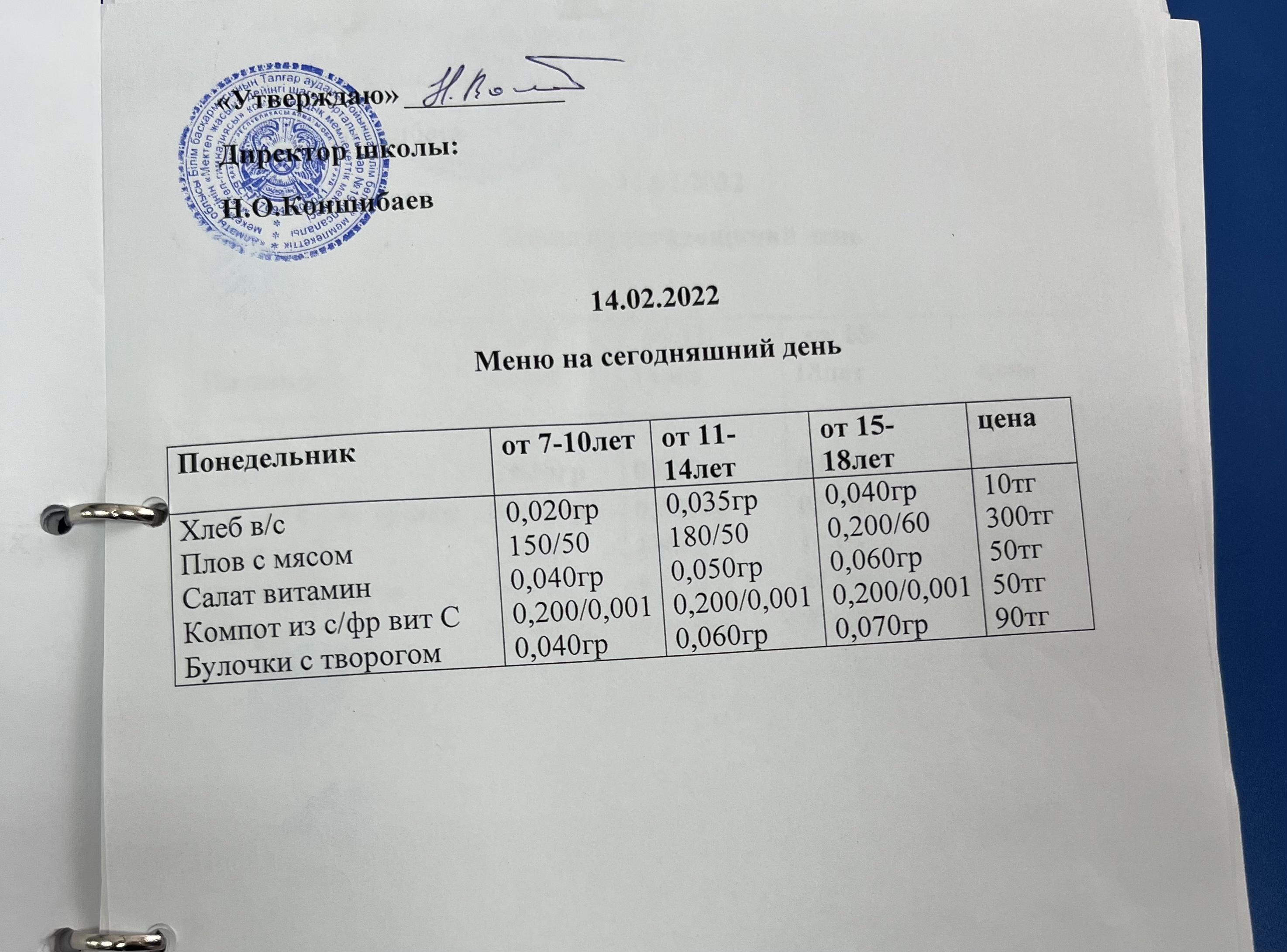 Ас мәзірі 14.02.2022 ж - 18.02.2022ж